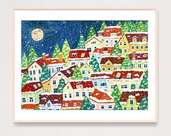 DIGITAL Winter Village Art Print, Gouache Illustration Poster, Snowy Winter Town Art Decor