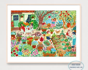 印刷可能なアート、魅惑的な夏の庭のイラスト、森の中の居心地の良い