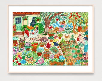 ART PRINT - Summer Garden Art Print | Whimsical Illustrated Backyard Scene | Cozy Cottagecore Wall Art | Family Gardening & Nature  Decor