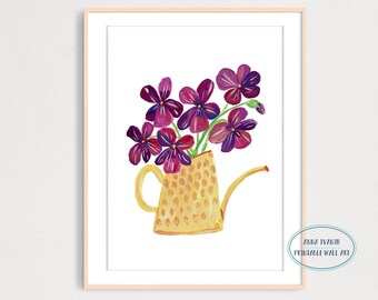 Bouquet of Violets in Watering Can Art Print, Printable Wall Decor, Gouache Illustration, Farmhouse Home Decor