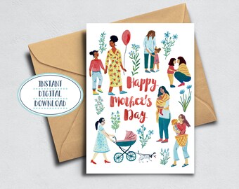 Mother's Day Printable Greeting Card , Mothers and Children  Greeting Card 4x6 and 5x7