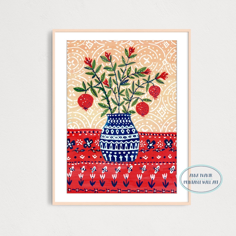 DIGITAL Pomegranate Vase Art Print, Gouache Illustration, Printable Digital Download Art Print, Flowers art Print, Wall Art Poster image 2