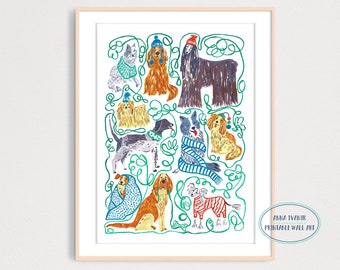 Puede incluir: Una ilustración colorida de perros con gorros de invierno y bufandas. Los perros están rodeados de enredaderas verdes y están en varias poses. La ilustración está sobre un fondo blanco y tiene un toque caprichoso.