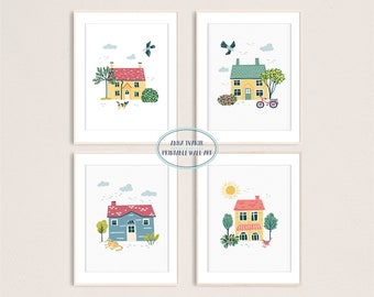 Little Town Houses - Set of 4 Art Prints, Kids Room Wall Decor, Game Room Posters, Printable Digital Art Prints