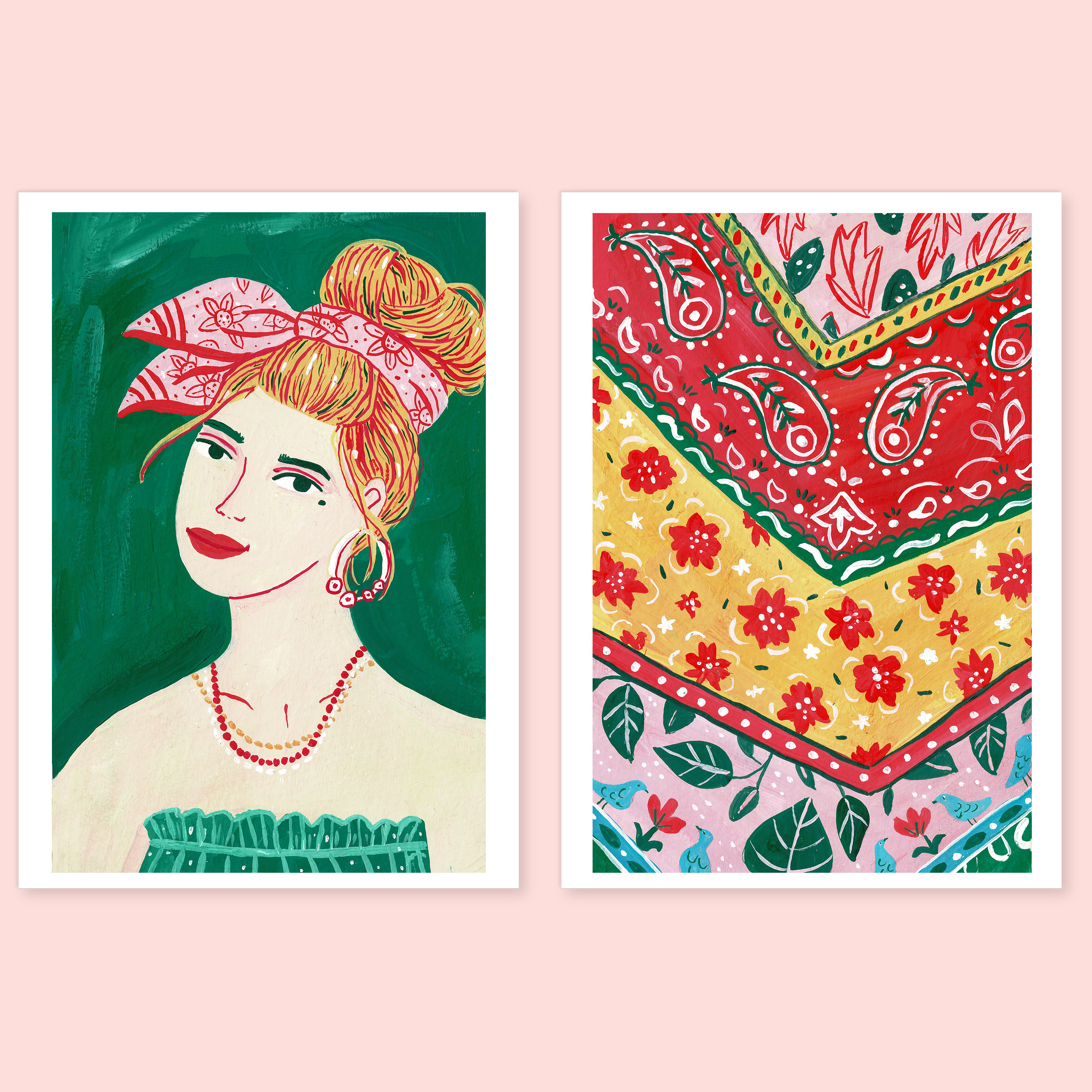 Set of 2 Art Prints Girl with a Bandana Art Print Feminine Etsy