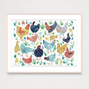 KUNSTPRINT kippen en kippen Art Print, boerderijdieren poster illustratie, kunst voor kinderen, kinderkamer kunst, lente Pasen tekening