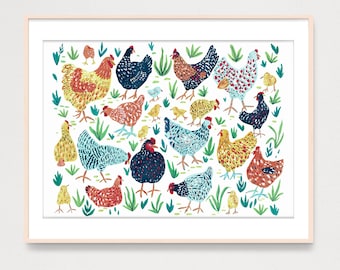 ART PRINT Hens and Chickens Art Print, Farm Animals Poster Illustration, Art for Kids , Nursery Art , Spring Easter Drawing