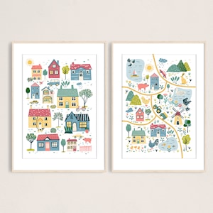 Little Town Kids - Set of 2 Art Prints, Little Village Wall Decor, Nursery Room Decor, Digital Art Print, Children Illustration