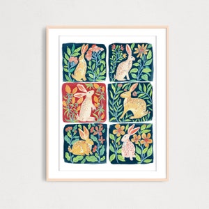 ART PRINT Easter Spring Bunnies  Flowers Art Print, Kids Room Rabbits Tiles, Floral Hares Illustartion, Nursery Room Poster