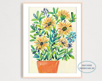 Bouquet of Sunflowers in Vase Art Print, Printable Digital Download, Botanical Illustration, Gouache Painting, Home Decor