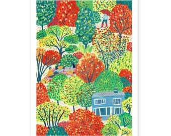 Herfstkleuren Art Print, Gouache illustratie, natuur in herfst Art Print