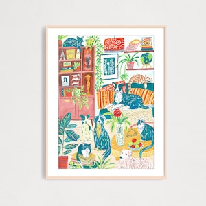 DIGITAL Dogs and Cats in a Room Interior Illustration Art Print, Printable Wall Art Dog lover, Cat lover, Kids Room Decor