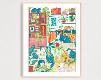 DIGITAL Dogs and Cats in a Room Interior Illustration Art Print, Printable Wall Art Dog lover, Cat lover, Kids Room Decor