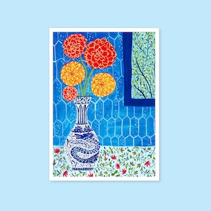 Dahlia Art Print, Floral Wall Art, Dahlia in Vase, Gouashe Painting