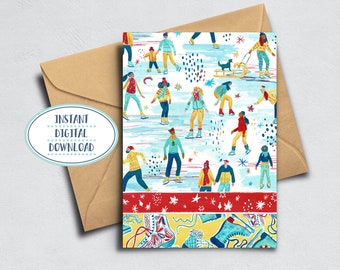 Winter Ice Skaters Printable Greeting Card, Christmas Greeting card 5"x7" and 4"x6"