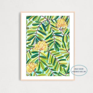 Hojas de árbol verde y flores amarillas Impresión de arte, Descarga instantánea imprimible, Póster botánico, Impresión de arte de Floración de la naturaleza, Regalo de bienvenida a la casa