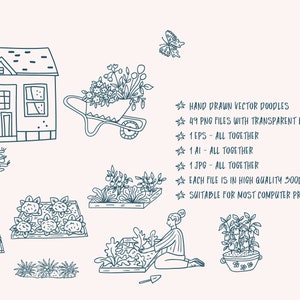 May include: A set of 49 hand-drawn vector doodles of a house, garden, and gardening tools. The illustrations are in black and white and have a simple, whimsical style.