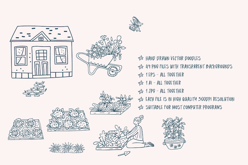 May include: A set of 49 hand-drawn vector doodles of a house, garden, and gardening tools. The illustrations are in black and white and have a simple, whimsical style.