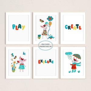 May include: Set of six printable wall art prints featuring a pink pig character in different scenes. The prints feature the words "Play", "Create", "Explore", and each print has a different color scheme with bright colors like blue, green, yellow, and red.