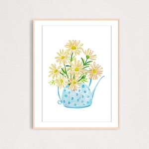 May include: A blue polka dot watering can with a white handle filled with a bouquet of white daisies.