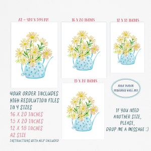May include: A watercolor painting of a bouquet of white daisies in a blue teapot with white polka dots. The image is available in four sizes: 16x20 inches, 15x20 inches, 12x18 inches, and A2 (420x594 mm).