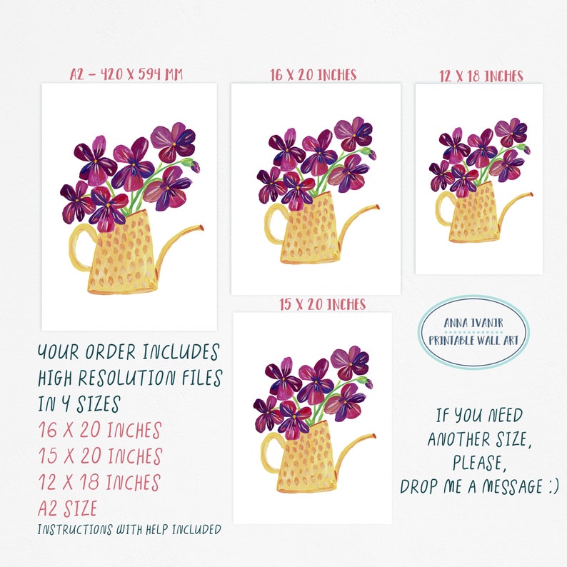 Puede incluir: Una pintura de acuarela de una regadera amarilla llena de flores moradas. La pintura est&aacute; disponible en cuatro tama&ntilde;os: 16x20 pulgadas, 15x20 pulgadas, 12x18 pulgadas y A2 (420x594 mm).