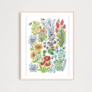 Pu&ograve; includere: Un'illustrazione colorata di un giardino con vari fiori, tra cui fiori rossi, gialli, blu e viola. Api e farfalle volano intorno ai fiori.