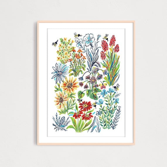 Wildflowers with Bees Art print, Gouache Illustration, Housewarming Wall Art, Digital Art Print