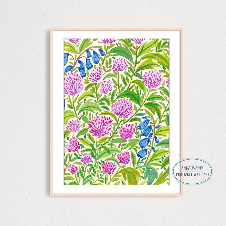 DIGITAL Pink Flowers Field Art Print, Printable Digital Download, Gouache Illustration, Home Decor Poster, Floral Art Print image 2