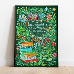 ART PRINT Los libros son impresión artística mágica, ilustración de gouache con letras florales, decoración de la sala de infancia, cita inspiradora para los amantes de los libros