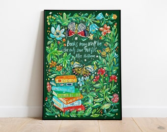 ART PRINT Books Are Magic Art Print, Floral Lettering Gouache Illustration, Nursery Room Decor, Inspirational Quote for Book Lovers