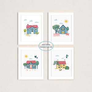 Little Town Houses - Set of 4 Art Prints, Kids Room Wall Decor, Game Room Posters, Printable Digital Art Prints