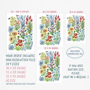 Pu&ograve; includere: Un download digitale di una stampa d'arte da parete stampabile che presenta un motivo floreale colorato con api. La stampa &egrave; disponibile in quattro dimensioni: 16x20 pollici, 15x20 pollici, 12x18 pollici e A2 (420x594 mm).