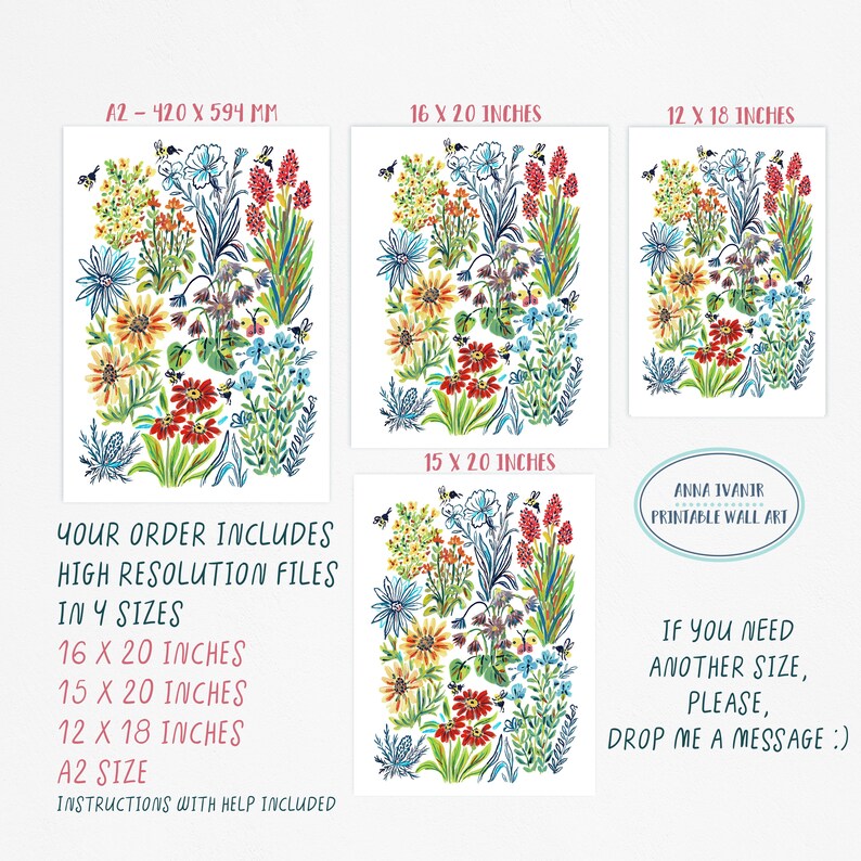 Pu&ograve; includere: Un download digitale di una stampa d'arte da parete stampabile che presenta un motivo floreale colorato con api. La stampa &egrave; disponibile in quattro dimensioni: 16x20 pollici, 15x20 pollici, 12x18 pollici e A2 (420x594 mm).