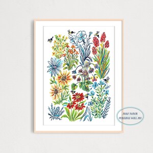 Pu&ograve; includere: Un'illustrazione colorata di un giardino con vari fiori, foglie e api. I fiori sono in tonalit&agrave; di rosso, giallo, blu e verde. Le api sono nere e gialle. L'illustrazione &egrave; su uno sfondo bianco.
