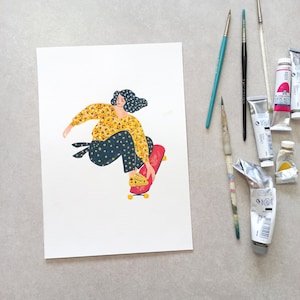 ORIGINAL Skater Girl Original Gouache Illustration, Original Artwork, Skater Portrait Home Decor
