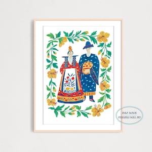 DIGITAL Couple in Korea Traditional Wedding Dresses Art Print, Engagement Gift, Bridal Wall Art, Printable Digital Wall Decor