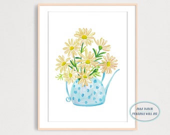 Daisies Bouquet in Watering Can Art Print, Printable Wall Decor, Gouache Illustration, Farmhouse Wall Decor