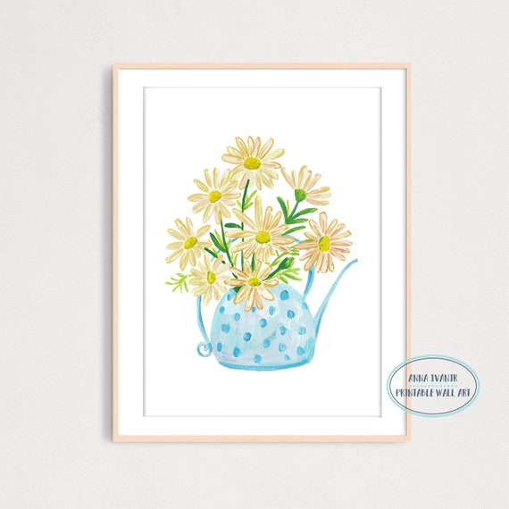 Daisies Bouquet in Watering Can Art Print, Printable Wall Decor, Gouache Illustration, Farmhouse Wall Decor