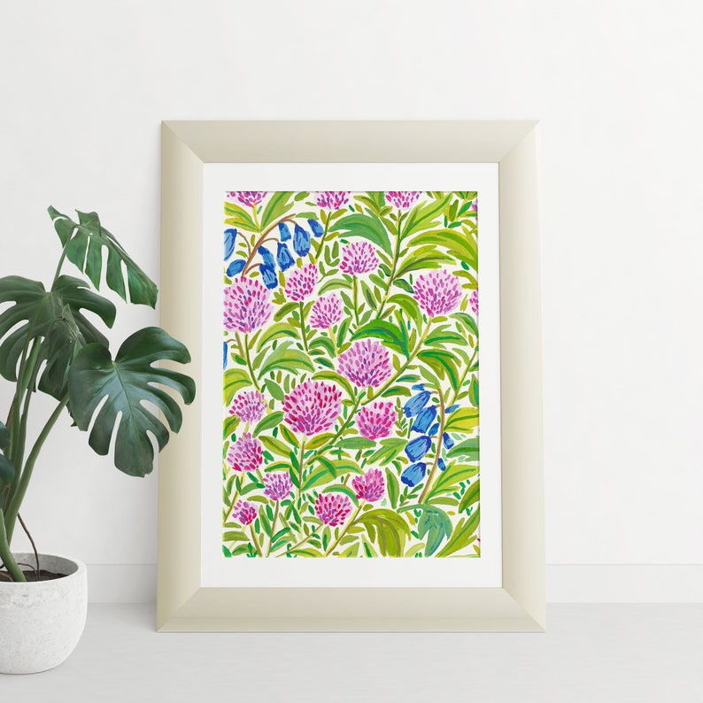 DIGITAL Pink Flowers Field Art Print, Printable Digital Download, Gouache Illustration, Home Decor Poster, Floral Art Print image 4