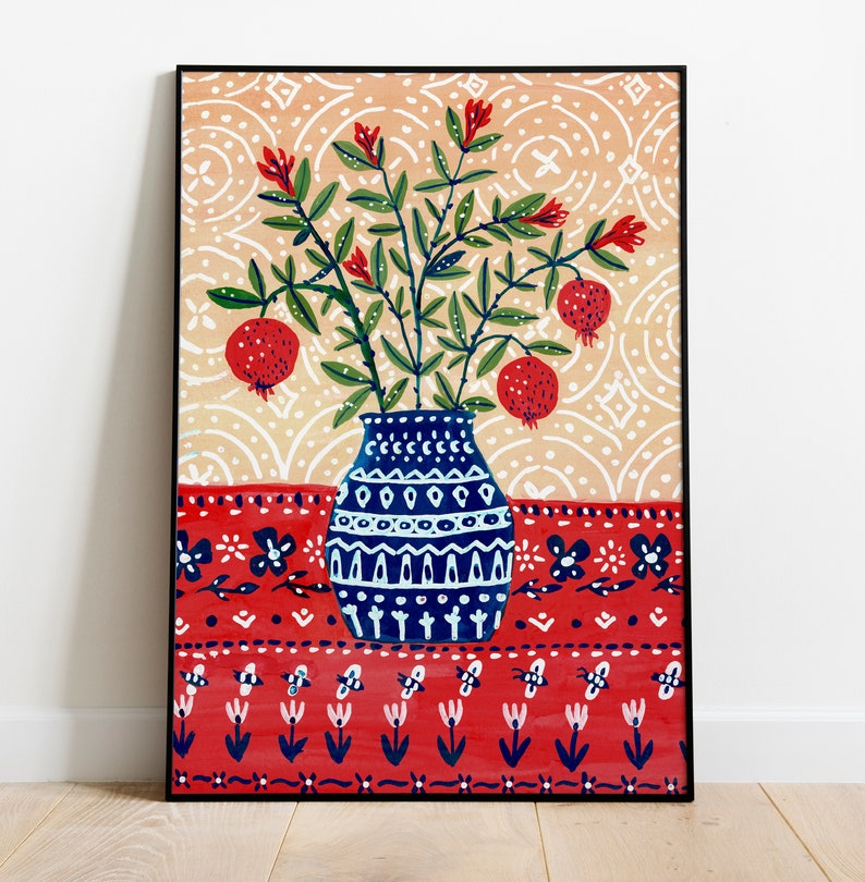 DIGITAL Pomegranate Vase Art Print, Gouache Illustration, Printable Digital Download Art Print, Flowers art Print, Wall Art Poster image 5