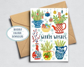 Warm Wished Christmas Greeting Card, Printable Blank Greeting Card, Winter Holidays Greeting Card