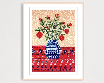 Pomegranate Vase Art Print, Gouache Illustration, Flowers art Print, Wall Art, Housewarming Gift