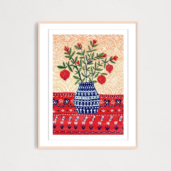 ART PRINT Pomegranate Vase Art Print, Gouache Illustration, Flowers art Print, Wall Art, Housewarming Gift