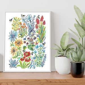 Pu&ograve; includere: Una stampa floreale colorata con una variet&agrave; di fiori in tonalit&agrave; di rosso, giallo, blu e verde. I fiori sono disposti in un motivo sciolto e organico, e ci sono piccole api che volano intorno a loro.