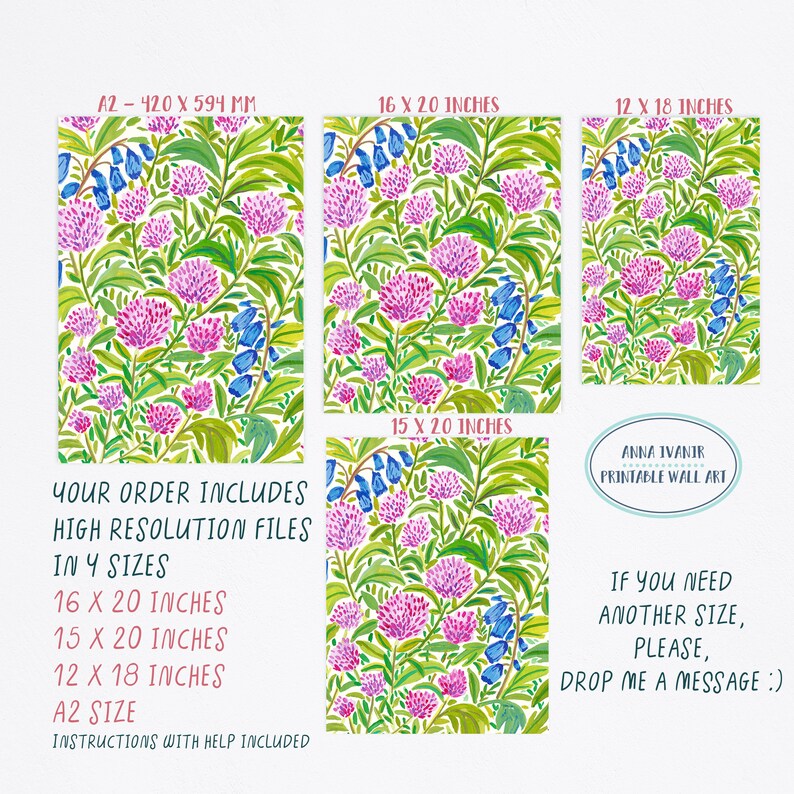 DIGITAL Pink Flowers Field Art Print, Printable Digital Download, Gouache Illustration, Home Decor Poster, Floral Art Print image 8