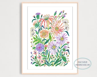 Bouquet of Wildflowers Art Print, Gouache Illustration Printable Art, Home Wall Decor, Floral Botanical Poster