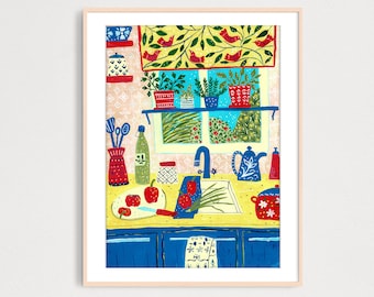 DIGITAL Blue Kitchen Art Print,  Kitchen Wall Art, Gouache Illustration, Dining Room Poster