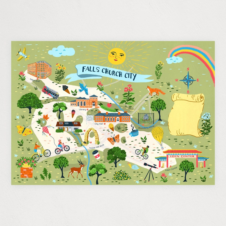 Op de afbeelding: Een kleurrijke ge&iuml;llustreerde kaart van Falls Church City, Virginia. De kaart toont bezienswaardigheden zoals het stadhuis, de bibliotheek en het Eden Center. Er zijn ook illustraties van mensen, dieren en planten.