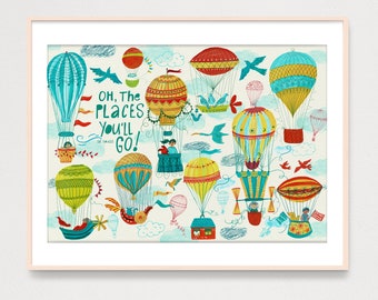 DIGITAL The Places You'll Go Quote From Dr. Seuss Art Print, Kids Room Art Decor,  Gouache Illustration Home Decor, Airbaloon Kids Room Art